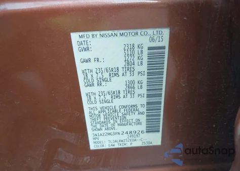 2015 Nissan Murano Sl из США, поврежденный, VIN 5N1AZ2MG3FN248926